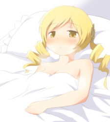 Rule 34 | 10s, 1girl, bare shoulders, bed, blanket, blonde hair, blush, breasts, breath, cleavage, drill hair, female focus, hair ornament, mahou shoujo madoka magica, mahou shoujo madoka magica (anime), pillow, ran (9ens2000), smile, solo, tomoe mami, twin drills, twintails, under covers, yellow eyes