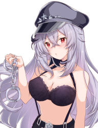 Rule 34 | 1girl, azur lane, bare shoulders, black bra, black hair, black hat, blush, bra, breasts, cleavage, crossed bangs, gangut (azur lane), gangut (imposing warden) (azur lane), grey hair, hand up, hat, lace, lace-trimmed bra, lace trim, large breasts, long hair, looking at viewer, mikuchi3939, mole, mole under eye, multicolored hair, navel, official alternate costume, parted lips, partially undressed, peaked cap, solo, stomach, streaked hair, underwear, upper body, white hair, wrist cuffs