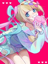 Rule 34 | 1girl, blonde hair, blue bow, blue eyes, blue hair, blue nails, blue shirt, blue skirt, blush, bow, chouzetsusaikawa tenshi-chan, hair bow, hair ornament, heart, highres, holographic clothing, long hair, long sleeves, looking at viewer, mielexander, multicolored hair, multicolored nails, needy girl overdose, open mouth, pink background, pink bow, pink hair, pink nails, pleated skirt, purple bow, quad tails, sailor collar, school uniform, serafuku, shirt, simple background, skirt, smile, solo, twintails, very long hair, yellow bow, yellow nails