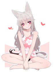 Rule 34 | 1girl, animal ears, bare arms, bare legs, bare shoulders, barefoot, closed mouth, commentary request, copyright request, floral print, grey hair, hair between eyes, head tilt, long hair, looking at viewer, outline, pink background, pink tank top, red eyes, shako (syakoba3), sitting, smile, solo, tail, tank top, two-tone background, very long hair, white background, white outline