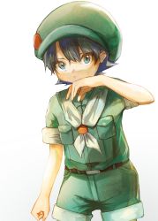 Rule 34 | 1boy, absurdres, belt, black hair, blue eyes, camper (pokemon), child, clenched hand, creatures (company), game freak, green hat, green shirt, green shorts, hand up, hat, highres, looking at viewer, monose, neckerchief, nintendo, pocket, pokemon, pokemon bdsp, shirt, short hair, shorts, simple background, solo, standing, sweat, white background