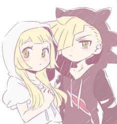 Rule 34 | 1boy, 1girl, blonde hair, brother and sister, creatures (company), game freak, gladion (pokemon), green eyes, hair over one eye, hood, hood up, hoodie, lillie (pokemon), long hair, nintendo, pokemon, pokemon sm, short hair, siblings, simple background, torn clothes, ukata, upper body, white background