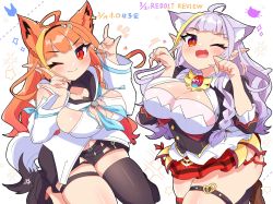 Rule 34 | 2girls, ahoge, alternate breast size, alternate hairstyle, animal ear fluff, animal ears, belt buckle, black choker, black hairband, black jacket, black serafuku, blonde hair, blunt bangs, blush, bow, braid, breasts, brooch, buckle, buttons, cat ears, cat girl, chain necklace, choker, clapping, claw pose, cleavage, cleavage cutout, closed eyes, clothing cutout, collared shirt, commentary, commentary request, cosplay, costume switch, dated, diagonal-striped bow, dragon horns, dual persona, embarrassed, extra ears, fangs, full-face blush, fusion, gem, hair between eyes, hairband, hairstyle switch, headwear switch, highres, hololive, horn bow, horn ornament, horns, jacket, jewelry, kemonomimi mode, kiryu coco, kiryu coco (1st costume), light blush, long hair, long sleeves, looking at viewer, medium breasts, multicolored eyes, multicolored hair, multiple girls, nail polish, necklace, nekomata okayu, nekomata okayu (cosplay), open mouth, orange hair, paw pose, pointy ears, purple eyes, purple hair, red eyes, sakuramochi (sakura frappe), school uniform, serafuku, shirakami fubuki, shirakami fubuki (1st costume), shirakami fubuki (cosplay), shirt, short hair, side-by-side, side braid, sidelocks, signature, simple background, single braid, skin fangs, solo, speech bubble, streaked hair, striped, striped bow, symbol-only commentary, upper body, virtual youtuber, white shirt