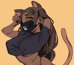Rule 34 | 1girl, animal ears, arm behind head, black mask, black shirt, breasts, brown eyes, brown hair, cat ears, cat tail, commission, copyright request, covered erect nipples, covered mouth, crop top, cropped shirt, dark-skinned female, dark skin, highres, large breasts, long hair, looking at viewer, shirt, short sleeves, solo, tail, underboob, whoopsatro