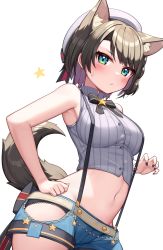 Rule 34 | 1girl, animal ear fluff, animal ears, black hair, blue eyes, blush, breasts, deaver, hair ornament, hat, highres, hololive, large breasts, looking at viewer, navel, oozora subaru, oozora subaru (work), shirt, short hair, short shorts, shorts, simple background, solo, striped clothes, striped shirt, tail, vertical-striped clothes, vertical-striped shirt, virtual youtuber, white background, wolf ears, wolf girl, wolf tail
