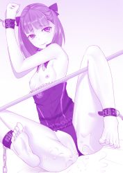 Rule 34 | 1girl, armpits, barefoot, bdsm, bondage, bound, breasts, censored, dress, fate/grand order, fate (series), feet, helena blavatsky (fate), highres, lip biting, medium hair, monochrome, pussy, pussy juice, restrained, ribbon, shady (373162955), small breasts, soles, strapless, strapless dress, tears, toes