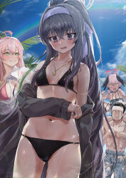 Rule 34 | &lt;|&gt; &lt;|&gt;, 1boy, 3girls, ahoge, bags under eyes, bare shoulders, bikini, black bikini, black wings, blue archive, blush, breasts, cardigan, carrying, carrying person, crying, doodle sensei (blue archive), feathered wings, floral print, front-tie bikini top, front-tie top, green eyes, grey cardigan, halo, hanako (blue archive), hanako (swimsuit) (blue archive), haowei wu, head wings, highres, jewelry, koharu (blue archive), koharu (swimsuit) (blue archive), large breasts, long hair, long sleeves, low twintails, multiple girls, navel, necklace, off shoulder, official alternate costume, open clothes, open mouth, outdoors, pink hair, pink halo, ponytail, print bikini, sensei (blue archive), shirt, shoulder carry, small breasts, smile, spaghetti strap, standing, stomach, streaming tears, string bikini, swimsuit, tears, twintails, ui (blue archive), ui (swimsuit) (blue archive), white shirt, wings