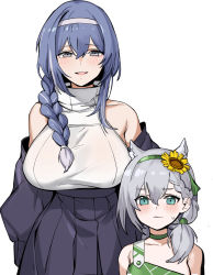 Rule 34 | 2girls, aged down, animal ears, aqua eyes, bad link, banssee, bare shoulders, blue hair, blush, braid, braided ponytail, breasts, choker, dcinside, dp-12 (girls&#039; frontline), flower, french braid, girls&#039; frontline, grey eyes, grey hair, hair between eyes, hair flower, hair ornament, hair over shoulder, hairband, height difference, highres, ksvk (angel&#039;s paint brush) (girls&#039; frontline), ksvk (girls&#039; frontline), large breasts, looking at viewer, mother and daughter, multiple girls, off shoulder, official alternate costume, smile, sunflower, sweat, upper body, wavy mouth, white background