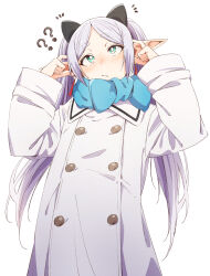 Rule 34 | 1girl, ?, ??, animal ears, blue scarf, blush, buttons, cat ears, closed mouth, coat, commentary, cowboy shot, double-breasted, eitopondo, fake animal ears, flat chest, frieren, frown, green eyes, grey hair, highres, long hair, looking up, parted bangs, pointy ears, scarf, short eyebrows, simple background, solo, sousou no frieren, standing, symbol-only commentary, thick eyebrows, twintails, white background, white coat