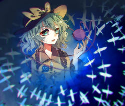 Rule 34 | 1girl, bad id, bad pixiv id, baocaizi, black hat, blue flower, blue rose, bow, eyeball, flower, frilled shirt collar, frilled sleeves, frills, green eyes, green hair, hat, hat bow, komeiji koishi, long sleeves, looking away, matching hair/eyes, one-hour drawing challenge, parted lips, rose, shirt, short hair, solo, third eye, touhou, upper body, wide sleeves, yellow bow, yellow shirt
