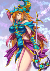Rule 34 | 1girl, arm up, bare shoulders, blue eyes, blush, blush stickers, breasts, brown hair, closed mouth, duel monster, gloves, green eyes, hat, highres, large breasts, lipgloss, long hair, magician&#039;s valkyria, nail polish, signature, solo, takecha, wand, witch hat, wizard hat, yu-gi-oh!