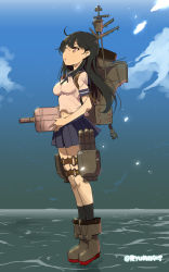 Rule 34 | 10s, 1girl, ahoge, anchor, black hair, breasts, full body, kantai collection, long hair, machinery, midriff, naitou ryuu, navel, open mouth, red eyes, solo, standing, standing on liquid, turret, ushio (kancolle)
