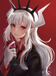 Rule 34 | 1girl, alcohol, black necktie, blush, collared shirt, commentary, cup, demon girl, demon horns, drinking glass, from side, glass, gloves, gradient background, helltaker, holding, holding cup, horns, long hair, looking at viewer, low-tied long hair, lucifer (helltaker), mole, mole under eye, necktie, parted lips, pointy ears, red background, red eyes, red shirt, shirt, solo, teeth, vanta (gin 115), white gloves, white hair, white horns, wine, wine glass