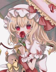 Rule 34 | 1girl, ascot, blonde hair, bow, crystal, dorowa (drawerslove), flandre scarlet, flower, frilled shirt collar, frilled sleeves, frills, hat, highres, looking at viewer, mob cap, parasol, puffy short sleeves, puffy sleeves, red eyes, red flower, red rose, red skirt, red vest, ribbon, rose, shirt, short hair, short sleeves, side ponytail, simple background, skirt, solo, stuffed animal, stuffed toy, teddy bear, touhou, umbrella, vest, white background, white shirt, wings, yellow ascot