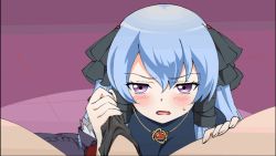 Rule 34 | 1girl, animated, animated gif, blue hair, blush, handjob, jewelry, necklace, open mouth, panties on penis, penis, penis under another&#039;s clothes, purple eyes, solo focus, zee (zee sub)