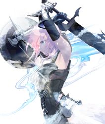 Rule 34 | 1girl, armor, armpits, black gloves, blue eyes, buckler, closed mouth, cofffee, elbow gloves, final fantasy, final fantasy xiii, final fantasy xiii-2, from side, gloves, holding, holding sword, holding weapon, lightning farron, long hair, pink hair, shield, solo, sword, vambraces, weapon