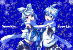 Rule 34 | 1boy, 1girl, alternate hair color, belt, blue hair, detached sleeves, gloves, happy, kagamine len, kagamine rin, looking at viewer, mittens, shorts, siblings, skirt, sky-sky, smile, snowing, twins, vocaloid, white hair, winter, winter clothes