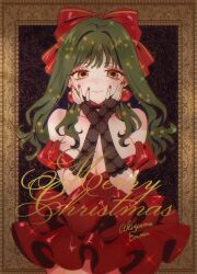Rule 34 | 1girl, akiyama enma, artist name, bow, breasts, choker, christmas, dress, earrings, fingerless gloves, floral background, framed, freckles, gloves, green hair, hair bow, hands on own cheeks, hands on own face, highres, jewelry, lace, lace choker, lace gloves, large breasts, long hair, merry christmas, off-shoulder dress, off shoulder, original, red bow, red dress, short dress, smile, solo, yellow eyes