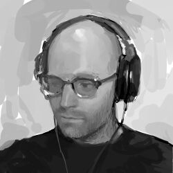 Rule 34 | 1boy, absurdres, bald, beard, black shirt, cable, closed mouth, expressionless, facial hair, glasses, goatee, grey background, greyscale, headphones, headset, highres, looking to the side, male focus, monochrome, northernlion, opaque glasses, original, portrait, realistic, shirt, solo, valendar