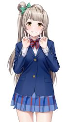 Rule 34 | 1girl, absurdres, blazer, blue jacket, blue skirt, blunt bangs, blush, bow, bowtie, commentary, cowboy shot, double v, facing viewer, grin, hands up, highres, jacket, light brown hair, long hair, long sleeves, looking at viewer, love live!, love live! school idol project, minami kotori, one side up, otonokizaka school uniform, parted bangs, plaid, plaid skirt, pleated skirt, school uniform, shirt, simple background, skirt, smile, solo, striped, striped bow, symbol-only commentary, teeth, utamo (utautamomo), v, white background, white shirt, yellow eyes