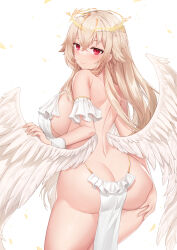 Rule 34 | 1girl, absurdres, angel, angel wings, ass, ass grab, back, bare back, blush, breasts, butt crack, cowboy shot, deogho (liujinzy9854), falling leaves, feathered wings, frills, from behind, grabbing another&#039;s wing, grabbing own ass, halo, head wreath, highres, korean commentary, large breasts, leaf, light brown hair, loincloth, long hair, looking at viewer, looking back, low wings, original, red eyes, sideboob, smile, solo, white loincloth, white wings, wings