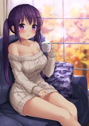 Rule 34 | 1girl, bare shoulders, blurry, blurry background, blush, breasts, brown sweater, camouflage, cleavage, coffee, collarbone, commentary request, couch, cup, depth of field, ezoshika, fingernails, gochuumon wa usagi desu ka?, hair ornament, hairclip, highres, holding, holding cup, indoors, long hair, long sleeves, medium breasts, off-shoulder, off-shoulder sweater, off shoulder, on couch, parted lips, pillow, purple eyes, purple hair, rain, sidelocks, sitting, sleeves past wrists, solo, steam, sweater, tedeza rize, twintails, very long hair, window