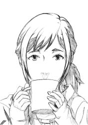 Rule 34 | 1girl, cup, eve no jikan, face, greyscale, monochrome, mug, non-web source, ponytail, sammy (eve no jikan), sleeves past wrists, solo, traditional media