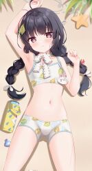 Rule 34 | 1girl, absurdres, beach, black hair, blue archive, colored eyelashes, fengshen chino, fingernails, flat chest, highres, lying, miyu (blue archive), miyu (swimsuit) (blue archive), navel, red eyes, shell, starfish, swimsuit, thermos, twintails
