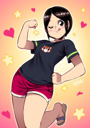 Rule 34 | 1girl, blush stickers, breasts, brown eyes, brown hair, dolphin shorts, hand on own hip, highres, medium breasts, one eye closed, original, ryuusei (mark ii), sandals, shirt, short hair, shorts, signature, smile, solo, standing, standing on one leg, t-shirt, tongue, tongue out