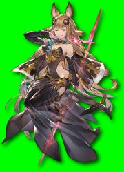 Rule 34 | 1girl, animal ear fluff, animal ears, arrow (projectile), bare shoulders, black dress, black shorts, boots, breasts, brown eyes, brown hair, capelet, covered navel, detached collar, dress, drop shadow, erune, fingernails, full body, granblue fantasy, granblue fantasy versus, hair ornament, highres, holding, holding weapon, lips, looking at viewer, medium breasts, metera (granblue fantasy), minaba hideo, mole, mole under mouth, official alternate costume, official art, one eye closed, see-through, short shorts, shorts, smile, solo, thigh boots, tongue, tongue out, transparent background, weapon
