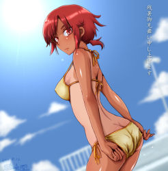 Rule 34 | 10s, 1girl, adjusting clothes, adjusting swimsuit, ass, bikini, breasts, butt crack, cloud, covered erect nipples, cure sunny, dated, day, dimples of venus, from side, hino akane (smile precure!), looking at viewer, medium breasts, meteo snow, one-piece tan, precure, red eyes, red hair, shiny skin, short ponytail, side-tie bikini bottom, sky, smile precure!, solo, strap gap, sun, swimsuit, tan, tanline, zanshomimai