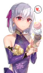 Rule 34 | 1girl, armor, bare shoulders, bikini armor, blush, breasts, closed mouth, collar, collarbone, dress, earrings, fate/grand order, fate (series), food, hair ribbon, heart, highres, hitomin (ksws7544), ice cream, ice cream cone, jewelry, kama (fate), kama (first ascension) (fate), looking at viewer, metal collar, pink ribbon, purple dress, purple skirt, ribbon, ring, short hair, silver hair, simple background, skirt, small breasts, smile, solo, sparkle, spoken heart, white background