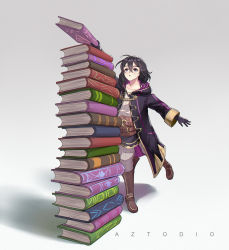 Rule 34 | 1girl, artist name, aztodio, black gloves, black hair, book, book stack, boots, fire emblem, fire emblem awakening, gloves, grey background, highres, holding, holding book, hood, hood down, long sleeves, morgan (female) (fire emblem), morgan (fire emblem), nintendo, parted lips, purple eyes, short hair, simple background, solo