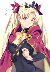 Rule 34 | 1girl, akapug621, bad id, bad pixiv id, black nails, black shirt, blonde hair, blush, bow, breasts, cape, choker, diadem, earrings, ereshkigal (fate), fate/grand order, fate (series), hair bow, jewelry, long hair, long sleeves, looking at viewer, medium breasts, nail polish, parted lips, print cape, red bow, red cape, red eyes, shirt, simple background, single sleeve, skull, solo, standing, sweatdrop, twintails, two side up, upper body, very long hair, white background