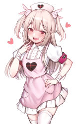 Rule 34 | 1girl, :d, absurdres, apron, bandaged arm, bandages, blonde hair, blush, collared shirt, commentary, commentary request, cowboy shot, fang, female focus, hair between eyes, hair ornament, half-closed eyes, hand on own hip, hand to own mouth, hat, heart, heart print, highres, long hair, looking at viewer, nail polish, natori sana, nurse, open mouth, pink apron, pink hat, pleated skirt, pocket, puffy short sleeves, puffy sleeves, rabbit hair ornament, red eyes, red nails, sana channel, shirt, short sleeves, simple background, skirt, smile, solo, sunege (hp0715), tagme, thighhighs, thighs, two side up, virtual youtuber, white background, white shirt, white skirt, white thighhighs