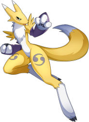 Rule 34 | 1girl, bandai, blue eyes, clenched hands, digimon, digimon (creature), digimon new century, fox girl, fox tail, no humans, official art, renamon, simple background, solo, tail, yin yang