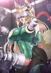 Rule 34 | 1futa, animal ears, arm behind back, black pantyhose, blonde hair, breasts, cable, commentary request, covered navel, fox ears, fox girl, fox tail, futanari, green leotard, head-mounted display, highres, lactation, large breasts, leotard, long hair, machinery, milking machine, nandz, nipples, open mouth, original, pantyhose, restrained, sex machine, skin tight, solo, tail, tongue, tongue out, torn clothes, torn leotard