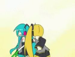 Rule 34 | akita neru, animated, animated gif, blonde hair, blue hair, hatsune miku, lowres, skirt, slapping, spring onion, triple baka (vocaloid), twintails, vocaloid