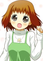 Rule 34 | 1girl, :o, apron, black eyes, blush, brown eyes, brown hair, child, eyebrows, jewelry, long sleeves, looking at viewer, minami (colorful palette), necklace, open mouth, original, satomi airi, short hair, simple background, solo, sweater, thick eyebrows, turtleneck, upper body, white background
