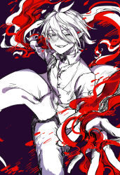 Rule 34 | 1boy, absurdres, antenna hair, asmodeus alice, black background, blush, coat, fangs, feet out of frame, fire, greyscale, hair between eyes, half-closed eyes, highres, long bangs, long sleeves, looking at viewer, mairimashita! iruma-kun, male focus, monochrome, open collar, outstretched arms, pants, pointy ears, popped collar, pyrokinesis, seductive smile, shirt, short hair, simple background, sleeveless, sleeveless coat, smile, solo, spot color, terusuzuzu