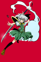 1girl armor female_focus futoshi_(fishhouse) green_eyes highres katana konpaku_youmu konpaku_youmu_(ghost) pauldrons shoulder_armor simple_background solo sword touhou weapon