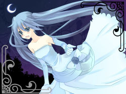 Rule 34 | 1girl, bare shoulders, blue eyes, blue hair, blush, crescent moon, dress, dutch angle, elbow gloves, gloves, hatsune miku, long hair, matching hair/eyes, moon, night, night sky, sky, smile, solo, strapless, strapless dress, temari (deae), twintails, very long hair, vocaloid