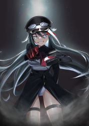 Rule 34 | 1girl, aiming, aiming at viewer, azur lane, black coat, black hair, black hat, blue eyes, coat, deutschland (azur lane), evil grin, evil smile, finger on trigger, goggles, goggles on headwear, grin, gun, handgun, hat, highres, holding, holding gun, holding weapon, jiseki rena, leotard, long hair, looking at viewer, multicolored hair, outstretched arm, peaked cap, pistol, pointing, pointing at viewer, prosthesis, prosthetic hand, red hair, simple background, smile, solo, standing, streaked hair, thigh strap, very long hair, weapon, white hair, white leotard