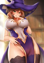 Rule 34 | 1girl, bare shoulders, black thighhighs, blush, breasts, brown hair, cleft of venus, collarbone, dress, flower, from below, genshin impact, ginhaha, green eyes, hair between eyes, hair flower, hair ornament, hat, hat flower, highres, jewelry, large breasts, lisa (genshin impact), long hair, looking at viewer, no panties, parted lips, pelvic curtain, purple dress, purple flower, purple hat, purple rose, pussy, rose, see-through, solo, teeth, thighhighs, water drop, witch hat