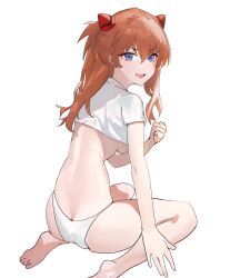 Rule 34 | 1girl, absurdres, artist request, ass, bare legs, barefoot, blue eyes, breasts, brown hair, butt crack, clenched hand, female focus, full body, hair ornament, highleg, highleg panties, highres, huge ass, interface headset, long hair, looking to the side, medium breasts, neon genesis evangelion, open mouth, panties, shiny skin, simple background, sitting, skindentation, smile, solo, souryuu asuka langley, thong, underwear, white background, white panties, wide hips