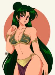 Rule 34 | 0tacat, 1girl, absurdres, animal ears, armband, bikini, bishoujo senshi sailor moon, blush, bracelet, breasts, brown eyes, cleavage, commentary, contrapposto, cosplay, english commentary, frown, green hair, hair bun, highres, jewelry, large breasts, long hair, meiou setsuna, pelvic curtain, pink lips, princess leia organa solo, princess leia organa solo (cosplay), signature, single hair bun, slave leia, solo, star wars, star wars: return of the jedi, swimsuit, very long hair