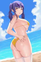 Rule 34 | 1girl, absurdres, ass, aviator sunglasses, azur lane, beach, bikini, breasts, dutch angle, eyewear on head, from behind, highres, large breasts, looking back, murding, official alternate costume, pola (azur lane), pola (seaside coincidence) (azur lane), purple hair, red eyes, sand, solo, string bikini, sunglasses, swimsuit, thighhighs, twintails, water, white thighhighs, yellow bikini
