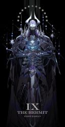 Rule 34 | 1boy, armor, black cloak, character name, cloak, commentary, english commentary, fate/grand order, fate (series), full armor, glowing, glowing eyes, hair ornament, hair scrunchie, hands on hilt, hexagram, holding, holding sword, holding weapon, horns, king hassan (fate), male focus, mask, scrunchie, skull, skull mask, solo, sparkle, spikes, star (symbol), star of david, starshadowmagician, sword, tarot, tarot (medium), text background, the hermit (tarot), weapon