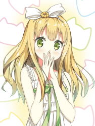 Rule 34 | 10s, 1girl, azuki azusa, blonde hair, blush, casual, covering own mouth, dress, female focus, fingers together, green eyes, hair ornament, headband, hentai ouji to warawanai neko., kantoku (style), long hair, looking at viewer, open m/, sky-freedom, solo, steepled fingers, white dress