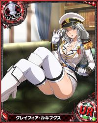 Rule 34 | 10s, 1girl, blue bow, boots, bow, braid, breasts, card (medium), chess piece, cleavage, couch, crossed legs, gloves, grayfia lucifuge, grey eyes, grey hair, hair bow, hat, high heels, high school dxd, indoors, large breasts, long hair, matching hair/eyes, multiple braids, non-web source, official art, queen (chess), short shorts, shorts, sitting, solo, thighhighs, trading card, white footwear, white gloves, white shorts, white thighhighs